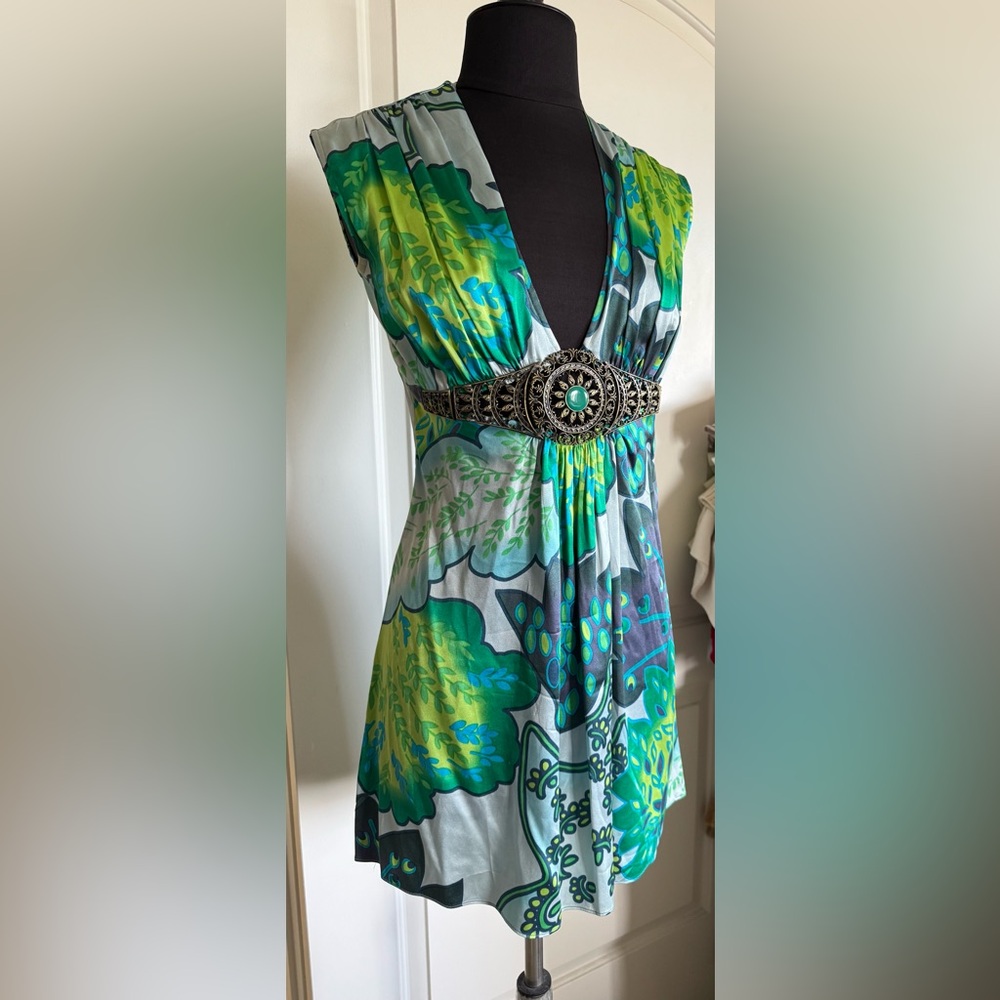 Sky Black Label Silk Dress XS – Green Blue Floral Print, Deep V, Made in USA